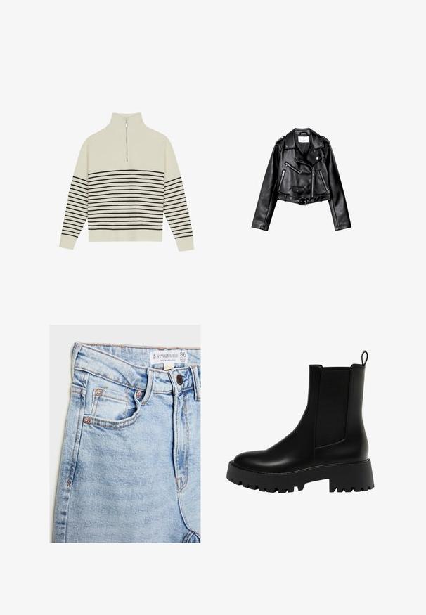 Veste de biker en cuir noir, courte, avec fermeture éclair frontale asymétrique, boutons à pression et quatre zips. Caractéristiques d'une ceinture ajustable à la taille.; Pull crème avec un col haut, texture à côtes verticales et rayures noires horizontales sur le corps et les manches. Détail de fermeture éclair argenté.; Jean en denim bleu clair à taille haute, avec cinq poches, des accessoires en cuivre, et une légère décoloration, arborant une étiquette au niveau de la ceinture.; Bottine en cuir noir avec un panneau latéral texturé, bout rond et semelle épaisse à motif de bande de roulement en zigzag.