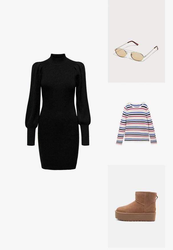 Čierna skrátená kožená motorkárska bunda s asymetrickým predným zipsom, cvokmi a štyrmi zipsami. Obsahuje nastaviteľný opasok v oblasti pásu.; Pruhovaný top s dlhým rukávom z rebrovanej tkaniny, s horizontálnymi pruhmi v bielej, ružovej, modrej, čiernej a fialovej farbe a s okrúhlym výstrihom.; Čierne pletené šaty s vysokým golierom, dlhými naberanými rukávmi a ribbovanou textúrou. Tvar priliehavý k postave, siahajúci po strednú časť stehna. Bez viditeľných vzorov alebo akcentov.; Hnedé semišové členkové čižmy s platformou, okrúhlou špičkou a zdobením stehov; majú slučku zozadu pre jednoduché obúvanie.; Kovové slnečné okuliare s oválnymi, svetlohnedými tónovanými sklami. Úzky strieborný rám so štruktúrovanými akcentmi a červenohnedými koncami na ramenách.