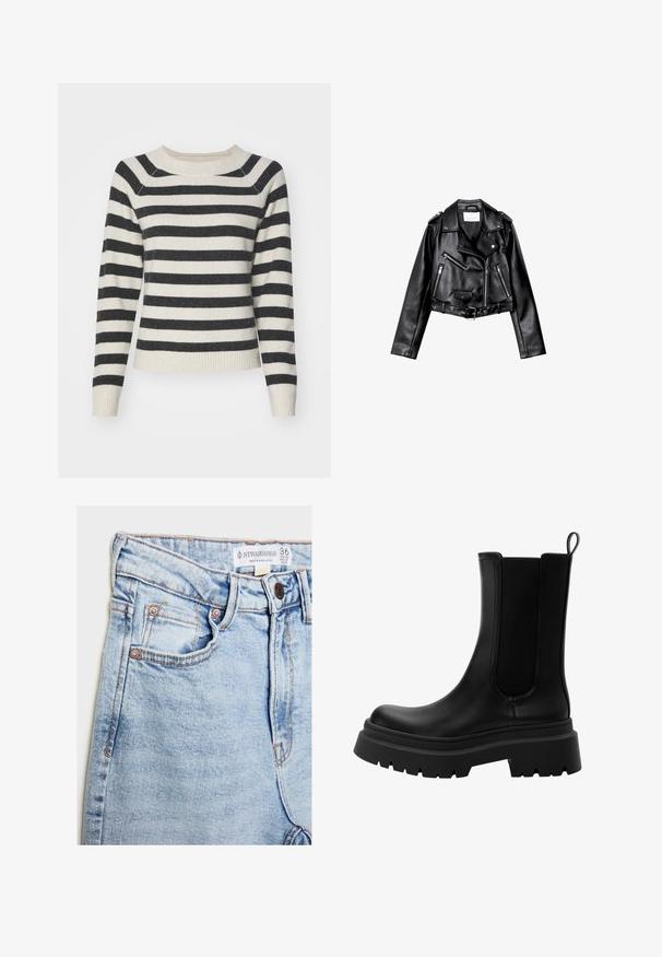 Černá zkrácená kožená motorkářská bunda s asymetrickým předním zipem, patentkami a čtyřmi zipy. Obsahuje nastavitelné pásmo v pase.; Pr uhledný svetr s černými a krémovými vodorovnými pruhy, žebrovanými manžetami a lemem, kulatým výstřihem a měkkou texturou. Svetr má středně dlouhé rukávy.; Světle modré džíny z denimu s vysokým pasem, pěti kapsami, hardwarem v měděném tónu a jemným vyblednutím, s etiketou na pásku.; Černé kožené Chelsea boty s elastickými bočními panely, silnou gumovou podrážkou a zaoblenou špičkou. Texturovaný a hladký povrch.