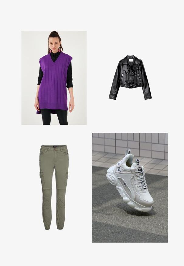 Mustat lyhythihaiset nahkatakit, joissa on epäsymmetrinen etuvetoketju, napit ja neljä vetoketjua. Varustettu säädettävällä vyöllä vyötäröllä.; Violetti neuleliivi, jossa on V-pääntie, ribbaustekstiili ja hihaton muotoilu. Päällä musta nappipaita, jossa on pitkä helma ja sivuaukot.; Vihreät cargo-housut kestävästä puuvilla-sekoitteesta, joissa on kavennetut lahkeet, useita taskuja ja polvitaskut lisäämään liikkuvuutta.; Valkoiset tennarit, joissa on verkko- ja nahkamateriaaleja, pyöreä kärki, paksu pohja, erottuvat nauhat sekä brändäys kantapäässä ja kielessä.