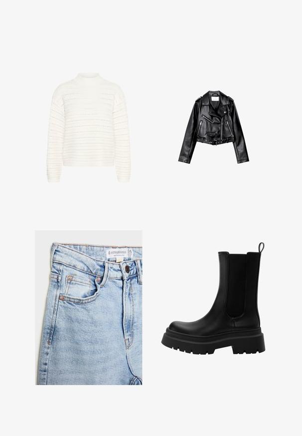 Veste de biker en cuir noir, courte, avec fermeture éclair frontale asymétrique, boutons à pression et quatre zips. Caractéristiques d'une ceinture ajustable à la taille.; Kaffe Pullover - chalk; Jean en denim bleu clair à taille haute, avec cinq poches, des accessoires en cuivre, et une légère décoloration, arborant une étiquette au niveau de la ceinture.; Bottines Chelsea en cuir noir avec panneaux latéraux élastiques, semelle en caoutchouc épaisse et bout arrondi. Fini texturé et lisse.