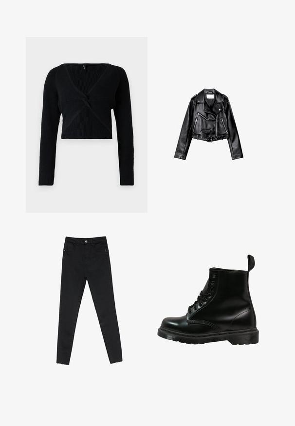 Črna usnjena motoristična jakna s krojem do pasu, z asimetričnim sprednjim zadrgo, sponkami in štirimi zadrgami. Ima nastavljiv pas na v pasu.; Črn skrajšan pulover iz rebraste pletenine, z globokim V-izrezom, dolgimi rokavi in prednjim vozlom za dodano teksturo.; Črne skinny jeans hlače iz denima, z visokim pasom, petimi žepi in surovim robom na gležnjih. Klasično zapiranje z gumbnico in zadrgo.; Črne usnjene čevlje z zaobljenim nosom, zavezovanjem, šestimi luknjami za vezalke in teksturiranim gumijastim podplatom. Vključuje zanko za pomoč pri obuvanju na hrbtni strani.