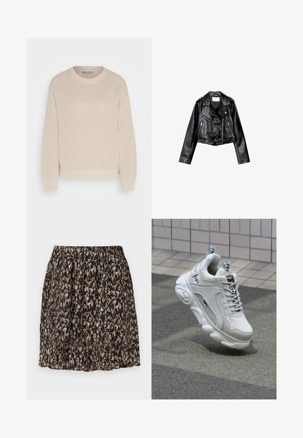 Schwarze, kurze Leder-Bikerjacke mit asymmetrischem Frontreißverschluss, Druckknöpfen und vier Reißverschlüssen. Mit einem verstellbaren Gürtel in der Taille.; Anna Field Strickpullover - grey; Schwarze Rock mit einem verschwommenen, abstrakten Muster in Beige und Braun. Elastischer Bund, leichtes Material und knielange Gestaltung.; Weißer Sneaker aus Mesh- und Ledermaterialien, mit rundem Zehenbereich, dicker Sohle, auffälligen Schnürsenkeln sowie Branding an der Ferse und der Zunge.