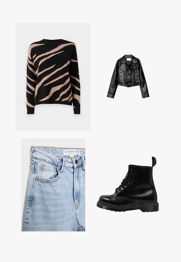 Mustat lyhythihaiset nahkatakit, joissa on epäsymmetrinen etuvetoketju, napit ja neljä vetoketjua. Varustettu säädettävällä vyöllä vyötäröllä.; Mustapaita, jossa on beige tiikeriraidallinen kuosi. Paita on pyöreäkaulainen, pitkät hihat ja pehmeä rakenne. Reunakäsittely on ribatoitu.; Vaaleansiniset farkut, joissa on korkea vyötärö, viisi taskua, kuparinväriset yksityiskohdat ja hienovarainen kuluminen, vyötäröllä oleva etiketti.; Mustat nahkabootit, joissa on pyöreä kärki, nauhakiinnitys, kuusi silmukkaa ja kuvioitu kumipohja. Takana on vetoketju.