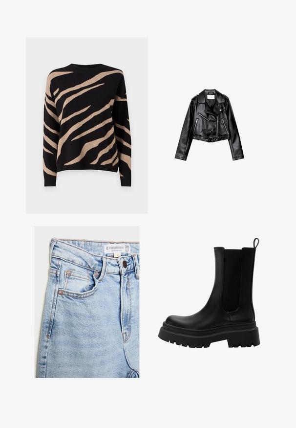 Czarna, krótka skórzana kurtka motocyklowa z asymetrycznym zamkiem błyskawicznym z przodu, zatrzaskami i czterema zamkami. Posiada regulowany pasek w talii.; Czarny sweter z beżowym wzorem w paski tygrysa, z okrągłym dekoltem, długimi rękawami i delikatną teksturą. Krawędzie są wykończone ściągaczem.; Jasnoniebieskie dżinsy o wysokim stanie, z pięcioma kieszeniami, miedziowanymi detalami i subtelnym wyblaknięciem, z metką na pasku.; Czarne skórzane botki Chelsea z elastycznymi panelami po bokach, masywną gumową podeszwą oraz okrągłym czubkiem. Teksturowane i gładkie wykończenie.