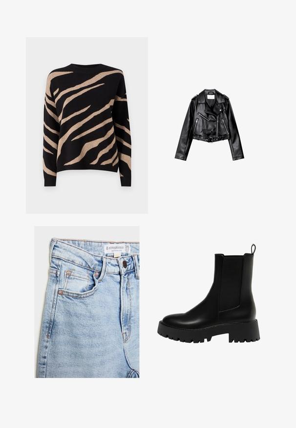 Czarna, krótka skórzana kurtka motocyklowa z asymetrycznym zamkiem błyskawicznym z przodu, zatrzaskami i czterema zamkami. Posiada regulowany pasek w talii.; Czarny sweter z beżowym wzorem w paski tygrysa, z okrągłym dekoltem, długimi rękawami i delikatną teksturą. Krawędzie są wykończone ściągaczem.; Jasnoniebieskie dżinsy o wysokim stanie, z pięcioma kieszeniami, miedziowanymi detalami i subtelnym wyblaknięciem, z metką na pasku.; Czarny skórzany botek za kostkę z fakturowaną boczną wstawką, zaokrąglonym noskiem i grubą platformą z bieżnikiem w zygzak.