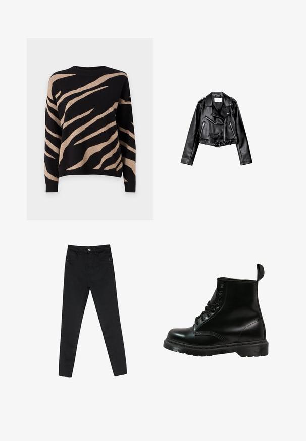 Schwarze, kurze Leder-Bikerjacke mit asymmetrischem Frontreißverschluss, Druckknöpfen und vier Reißverschlüssen. Mit einem verstellbaren Gürtel in der Taille.; Schwarzer Pullover mit beigem Tigerstreifenmuster, runder Ausschnitt, langen Ärmeln und weicher Textur. Der Saum ist ribbelig verarbeitet.; Schwarze enge Jeans aus Denim mit hoher Taille, Fünf-Taschen-Design und rohem Saum an den Knöcheln. Klassischer Knopf- und Reißverschluss.; Schwarze Lederstiefel mit abgerundeter Zehe, Schnürdesign, sechs Ösen und einer strukturierten Gummisohle. Mit Zugschlaufe hinten.