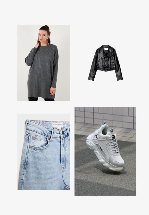 Mustat lyhythihaiset nahkatakit, joissa on epäsymmetrinen etuvetoketju, napit ja neljä vetoketjua. Varustettu säädettävällä vyöllä vyötäröllä.; Harmaa ribbikuvioinen neule pystykauluksella ja pitkillä hihoilla, jossa on rento leikkaus ja pehmeä pinta, ulottuen reiden puoliväliin.; Vaaleansiniset farkut, joissa on korkea vyötärö, viisi taskua, kuparinväriset yksityiskohdat ja hienovarainen kuluminen, vyötäröllä oleva etiketti.; Valkoiset tennarit, joissa on verkko- ja nahkamateriaaleja, pyöreä kärki, paksu pohja, erottuvat nauhat sekä brändäys kantapäässä ja kielessä.