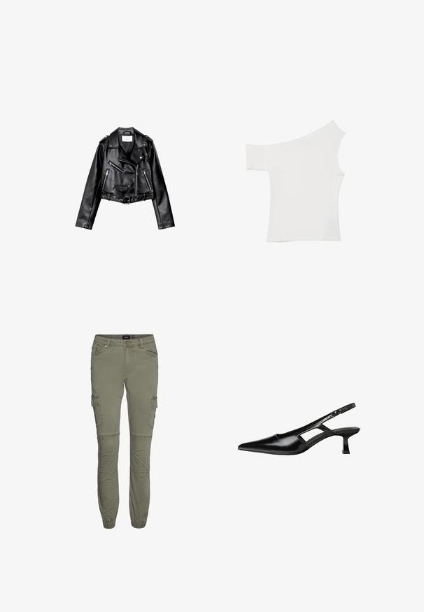 Sort cropped læderbikerjakke med asymmetrisk frontlynlås, trykknapper og fire lynlåse. Har et justerbart bælte i taljen.; Asymmetrisk hvid top lavet af glat stof, med én kort ærme og en off-shoulder design, med et rent, minimalistisk udseende.; Olivengrønne cargo bukser i en slidstærk bomuldsblanding med tætsiddende manchetter, flere lommer og knæfold for øget bevægelighed.; Sorte patentlæder slingback hæle med spids tå, udskåret sideskærm og en lille firkantet hæl. Glat tekstur med minimale detaljer.