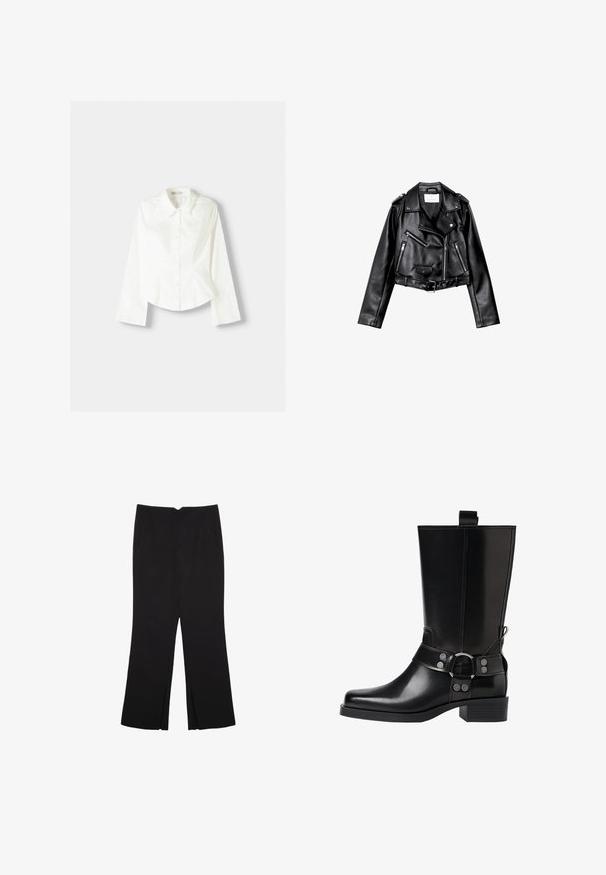 Black cropped leather biker jacket with asymmetric front zip, snap buttons, and four zippers. Features an adjustable belt at the waist.; White button-up shirt with long sleeves, featuring a classic collar, structured fit, and subtle vertical seams for added detail.; Black trousers with a straight fit, featuring front pockets and side slits at the hem. Made of soft, smooth fabric. Suitable for various occasions.; Black leather knee-high boot with a pointed toe, silver buckle accents, and a chunky heel. Features a pull tab for easy wear.