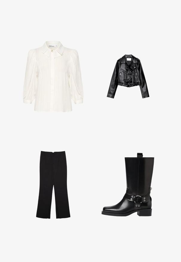 Czarna, krótka skórzana kurtka motocyklowa z asymetrycznym zamkiem błyskawicznym z przodu, zatrzaskami i czterema zamkami. Posiada regulowany pasek w talii.; Biała bluzka z teksturowanej tkaniny, z kołnierzykiem rozłożystym, zapięciem na guziki z przodu oraz puffowanymi długimi rękawami. Miękki i lekki design.; Czarne spodnie o prostym kroju, z przednimi kieszeniami i bocznymi rozcięciami na dole. Wykonane z miękkiego, gładkiego materiału. Odpowiednie na różne okazje.; Czarne skórzane buty za kolano z wydłużonym noskiem, srebrnymi akcentami w postaci klamr oraz masywnym obcasem. Posiadają pętelkę umożliwiającą łatwe zakładanie.