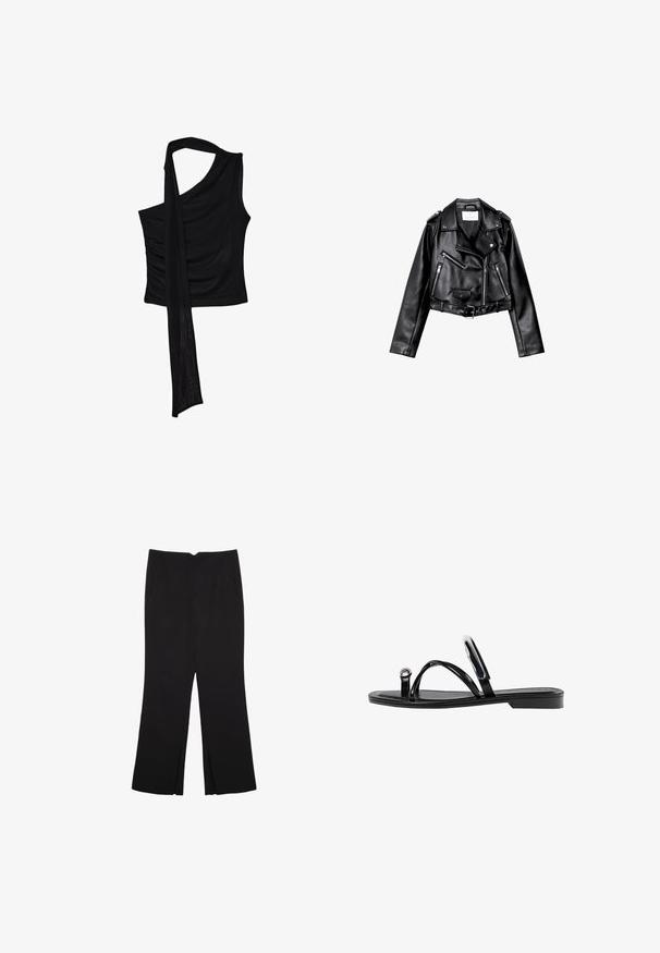Zwarte cropped leren motorjack met asymmetrische rits aan de voorkant, drukkers en vier ritsen. Heeft een verstelbare riem op de taille.; Zwarte mouwloze top met één schouderband, voorzien van een vloeiende, gedrapeerde accent en geplooide zijkant textuur. Gemaakt van een zachte stof.; Zwarte broek met een rechte pasvorm, voorzien van zijzakken en plooien aan de onderzijde. Gemaakt van zachte, gladde stof. Geschikt voor verschillende gelegenheden.; Zwarte platte sandalen met een glanzende afwerking, drie dunne banden en een ronde hardware detail bij de teen. Slank ontwerp met een minimalistische hak.