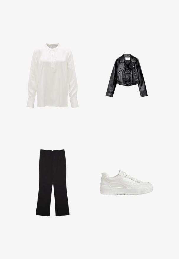 Black cropped leather biker jacket with asymmetric front zip, snap buttons, and four zippers. Features an adjustable belt at the waist.; White long-sleeve shirt made of smooth fabric, featuring a mandarin collar, button placket, and tapered sleeves with buttoned cuffs.; Black trousers with a straight fit, featuring front pockets and side slits at the hem. Made of soft, smooth fabric. Suitable for various occasions.; White leather sneakers with smooth texture, padded ankle, and perforated toe. Features a slightly elevated rubber sole and lace-up design.