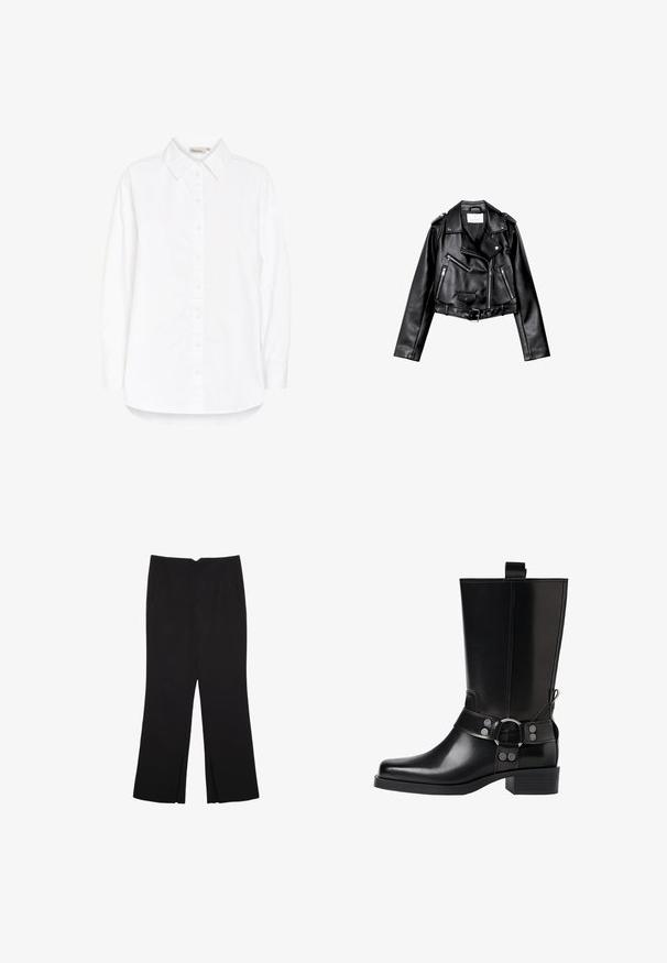 Black cropped leather biker jacket with asymmetric front zip, snap buttons, and four zippers. Features an adjustable belt at the waist.; White button-up shirt with a point collar, long sleeves, and a curved hem. Made from a smooth, lightweight fabric. Subtle sheen.; Black trousers with a straight fit, featuring front pockets and side slits at the hem. Made of soft, smooth fabric. Suitable for various occasions.; Black leather knee-high boot with a pointed toe, silver buckle accents, and a chunky heel. Features a pull tab for easy wear.