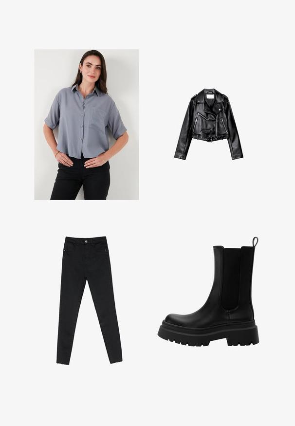 Schwarze, kurze Leder-Bikerjacke mit asymmetrischem Frontreißverschluss, Druckknöpfen und vier Reißverschlüssen. Mit einem verstellbaren Gürtel in der Taille.; Graues, kurzärmliges Hemd mit Knöpfen und Kragen, einer einzelnen Brusttasche und lockerer Passform. Der Stoff wirkt glatt und leicht.; Schwarze enge Jeans aus Denim mit hoher Taille, Fünf-Taschen-Design und rohem Saum an den Knöcheln. Klassischer Knopf- und Reißverschluss.; Schwarze Leder Chelsea-Stiefel mit elastischen Seitenteilen, robuster Gummisohle und abgerundetem Zeh. Texturierte und glatte Oberfläche.