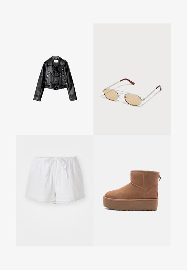 Črna usnjena motoristična jakna s krojem do pasu, z asimetričnim sprednjim zadrgo, sponkami in štirimi zadrgami. Ima nastavljiv pas na v pasu.; Bež top na halter z nabrano sprednjo stranjo, ki ima gladko teksturo in majhne kovinske dodatke vzdolž dekolteja. Zavezuje se na hrbtni strani.; Beli bombažni šorts z elastičnim pasom in zanko za zategovanje. Vsebuje izvezeno oko in čipkast rob na koncu.; Bela antilopova gležnjača s platformom, okruglim vrhom i dekorativnim šavovima; ima uvučenu petlju straga za lakše oblačenje.; Metalne sončna očala z ovalnimi, svetlo rjavimi lečami. Tanjša srebrna okvirja s teksturiranimi detajli in rdečkasto-rjavimi konicami na ročajih.