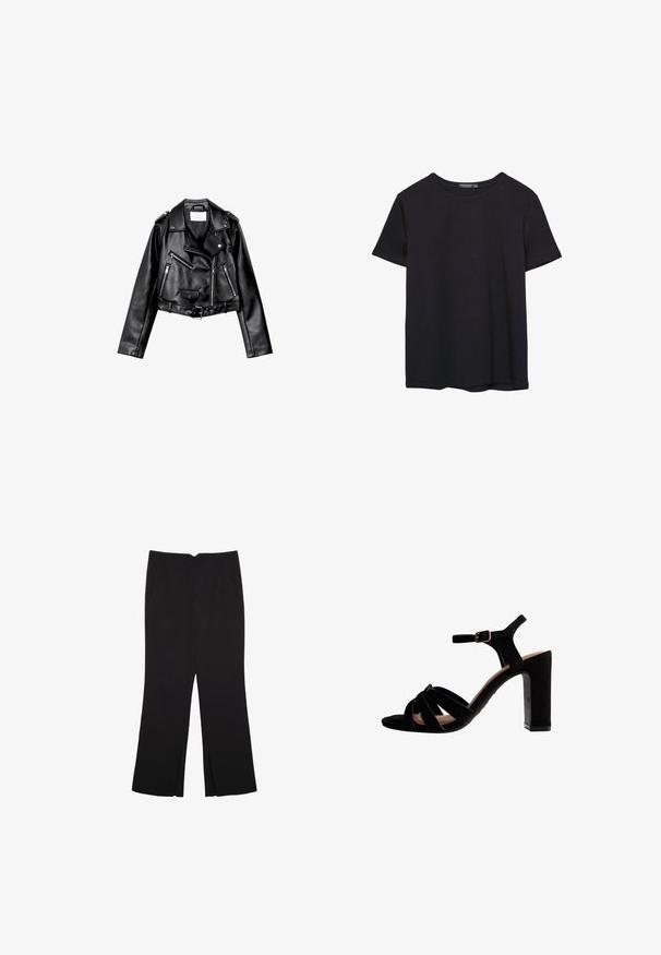 Czarna, krótka skórzana kurtka motocyklowa z asymetrycznym zamkiem błyskawicznym z przodu, zatrzaskami i czterema zamkami. Posiada regulowany pasek w talii.; Prosta, krótko rękawowa czarna koszulka bawełniana z okrągłym dekoltem, prezentowana na białym tle.; Czarne spodnie o prostym kroju, z przednimi kieszeniami i bocznymi rozcięciami na dole. Wykonane z miękkiego, gładkiego materiału. Odpowiednie na różne okazje.; Czarne sandały na wysokim obcasie z paskowym wzorem, zapięciem w kostce na klamrę i kwadratowym obcasem. Wykonane w strukturze przypominającej zamsz.