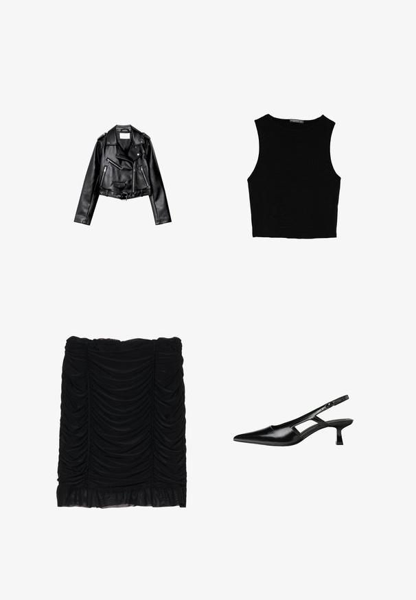 Zwarte cropped leren motorjack met asymmetrische rits aan de voorkant, drukkers en vier ritsen. Heeft een verstelbare riem op de taille.; Zwarte mouwloze crop top van soepel materiaal, met een ronde hals en een schone, eenvoudige uitstraling zonder patronen of hardware.; Zwarte mini-rok met gathered stof, voorzien van een gerimpeld ontwerp en een gerimpelde zoom. Gemaakt van zacht materiaal met een gladde textuur.; Zwarte gepatineerde leren slingback hakken met een puntige neus, uitsparing aan de zijkant en een kleine vierkante hak. Gladde textuur met minimale accenten.