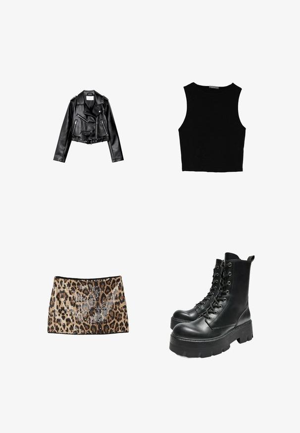 Čierna skrátená kožená motorkárska bunda s asymetrickým predným zipsom, cvokmi a štyrmi zipsami. Obsahuje nastaviteľný opasok v oblasti pásu.; Čierny bezrukávový crop top vyrobený z hladkej tkaniny, so zaobleným výstrihom a čistým, jednoduchým dizajnom bez vzorov alebo kovania.; Mini sukňa s leopardím vzorom, zdobená zlatými a čiernymi flitrami, s priliehavým strihom a čiernym pásom.; Bershka TRACK - Členkové čižmy na platforme - black