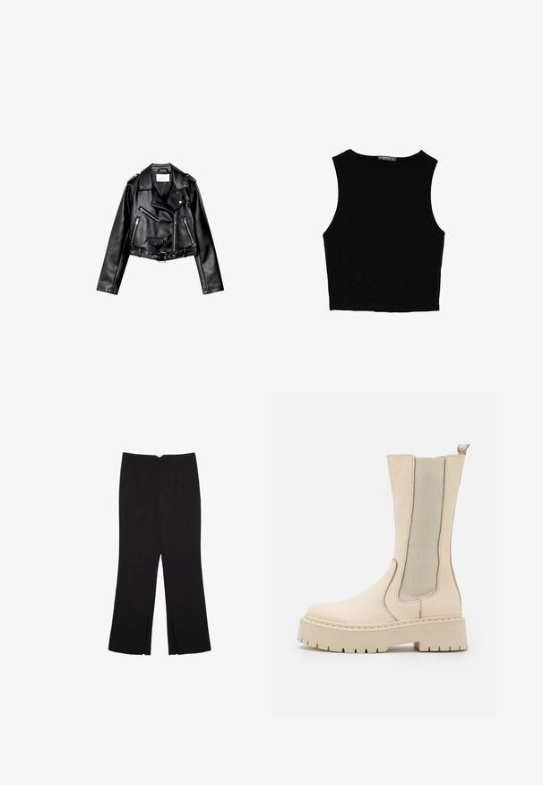 Sort cropped læderbikerjakke med asymmetrisk frontlynlås, trykknapper og fire lynlåse. Har et justerbart bælte i taljen.; Sort ærmeløs crop top lavet af glat stof, med rund hals og et rent, enkelt design uden mønstre eller hardware.; Sorte bukser med lige pasform, der har frontlommer og slidser i kanten. Lavet af blødt, glat stof. Velegnet til forskellige anledninger.; Beige ankelstøvler med en tekstureret læderoverdel, elastiske sidelapper og en kraftig platformsål med et robust slidbanedesign.