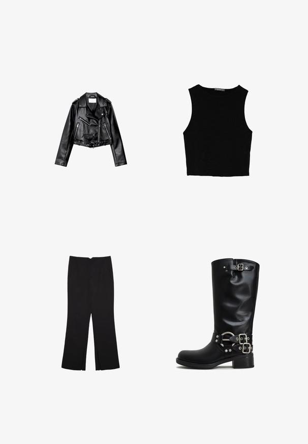 Giacca da moto nera in pelle cropped con zip frontale asimmetrica, bottoni a pressione e quattro zip. Presenta una cintura regolabile in vita.; Top corto senza maniche nero realizzato in tessuto liscio, con scollatura rotonda e un design pulito e semplice, privo di pattern o accessori.; Pantaloni neri a gamba dritta, con tasche frontali e spacchi laterali all'orlo. Realizzati in tessuto morbido e liscio. Adatti a diverse occasioni.; Stivali neri al ginocchio realizzati in materiale sintetico liscio. Presentano fibbie in tonalità argento e un anello decorativo. Tacco quadrato spazzolato.