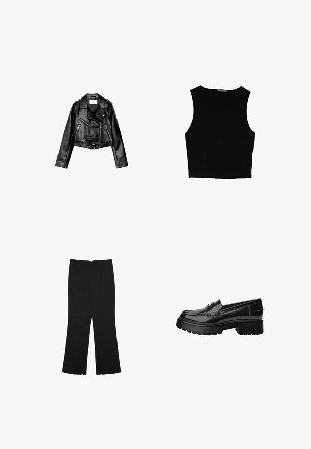 Schwarze, kurze Leder-Bikerjacke mit asymmetrischem Frontreißverschluss, Druckknöpfen und vier Reißverschlüssen. Mit einem verstellbaren Gürtel in der Taille.; Schwarzes ärmelloses Crop-Top aus glattem Stoff, mit rundem Ausschnitt und einem klaren, schlichten Design ohne Muster oder Beschläge.; Schwarze Hose mit geradem Schnitt, ausgestattet mit Fronttaschen und Seitenschlitzen am Saum. Hergestellt aus weichem, glattem Stoff. Geeignet für verschiedene Anlässe.; Schwarze Lacklederschlüpfer mit einer klobigen Sohle, ausgestattet mit einem dekorativen Riemen und subtilen Nähten. Gummierte Textur auf der Außensohle.
