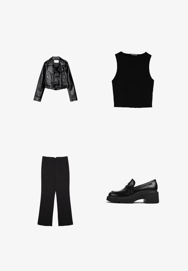 Mustat lyhythihaiset nahkatakit, joissa on epäsymmetrinen etuvetoketju, napit ja neljä vetoketjua. Varustettu säädettävällä vyöllä vyötäröllä.; Musta hihaton crop-top, joka on valmistettu sileästä kankaasta, jossa on pyöreä kaula-aukko ja siisti, yksinkertainen muotoilu ilman kuvioita tai varusteita.; Mustat housut suoralinjaisella leikkauksella, joissa on etutaskut ja sivurei'ät helman alla. Valmistettu pehmeästä ja sileästä kankaasta. Sopii eri tilaisuuksiin.; Musta nahkakengät, joissa on paksut korot ja paksu pohja, sekä nauhaysitys päällä, esitetty sivuprofiilista valkoista taustaa vasten.