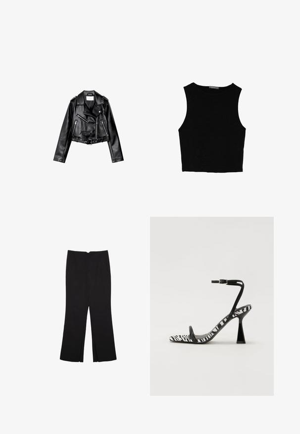 Schwarze, kurze Leder-Bikerjacke mit asymmetrischem Frontreißverschluss, Druckknöpfen und vier Reißverschlüssen. Mit einem verstellbaren Gürtel in der Taille.; Schwarzes ärmelloses Crop-Top aus glattem Stoff, mit rundem Ausschnitt und einem klaren, schlichten Design ohne Muster oder Beschläge.; Schwarze Hose mit geradem Schnitt, ausgestattet mit Fronttaschen und Seitenschlitzen am Saum. Hergestellt aus weichem, glattem Stoff. Geeignet für verschiedene Anlässe.; Schwarze und weiße Zebrahaut-Muster High Heel Sandale mit offener Zehenpartie, schlankem Knöchelriemchen und geometrischem Blockabsatz. Glatte Textur.