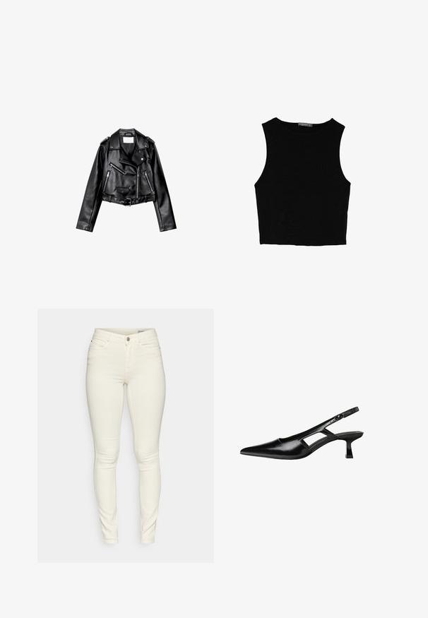 Črna usnjena motoristična jakna s krojem do pasu, z asimetričnim sprednjim zadrgo, sponkami in štirimi zadrgami. Ima nastavljiv pas na v pasu.; Črn brez rokavov crop top, izdelan iz gladkega materiala, z okroglim izrezom in čistim, preprostim dizajnom brez vzorcev ali dodatkov.; Oprijete kavbojke v kremni barvi, izdelane iz mešanice bombaža, s petimi žepi, zadrgo in diskretnimi šivi.; Črne patentični usnjeni salonarji s slingback designom, z zašiljenim nosom, izrezanim stranskim dizajnom in majhnim kvadratnim peto. Gladka tekstura z minimalnimi detajli.