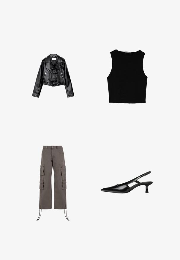 Črna usnjena motoristična jakna s krojem do pasu, z asimetričnim sprednjim zadrgo, sponkami in štirimi zadrgami. Ima nastavljiv pas na v pasu.; Črn brez rokavov crop top, izdelan iz gladkega materiala, z okroglim izrezom in čistim, preprostim dizajnom brez vzorcev ali dodatkov.; Kargo hlače v temno sivi barvi, izdelane iz trpežnega blaga. Imajo šest žepov, široke noge in nastavljive vrvice na robu.; Črne patentični usnjeni salonarji s slingback designom, z zašiljenim nosom, izrezanim stranskim dizajnom in majhnim kvadratnim peto. Gladka tekstura z minimalnimi detajli.