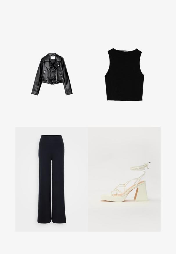 Čierna skrátená kožená motorkárska bunda s asymetrickým predným zipsom, cvokmi a štyrmi zipsami. Obsahuje nastaviteľný opasok v oblasti pásu.; Čierny bezrukávový crop top vyrobený z hladkej tkaniny, so zaobleným výstrihom a čistým, jednoduchým dizajnom bez vzorov alebo kovania.; Čierne pruhované nohavice s širokými nohavicami, s textúrovaným povrchom a elastickým pásom, s uvoľneným strihom a bez viditeľného hardvéru.; Biele sandále na vysokom opätku s hrubým podpätkom, s pruhovaným dizajnom a viazaním na členku. Hladký povrch s platformou vpredu pre zvýšenú výšku.