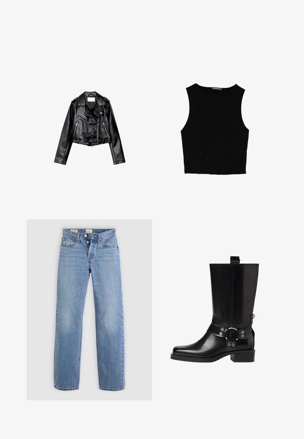 Černá zkrácená kožená motorkářská bunda s asymetrickým předním zipem, patentkami a čtyřmi zipy. Obsahuje nastavitelné pásmo v pase.; Černý bezsleeve crop top vyrobený z hladké tkaniny, s kulatým výstřihem a čistým, jednoduchým designem bez vzorů nebo kovových doplňků.; Světle modré džíny z denimu s rovnou nohavicí, kovovým zapínáním na knoflík, předními kapsami a jemnými detaily vyblednutí po celém povrchu.; Černá kožená vysoká bunda s špičatou špičkou, stříbrnými sponami a robustní podešví. Obsahuje poutko pro snadné obutí.