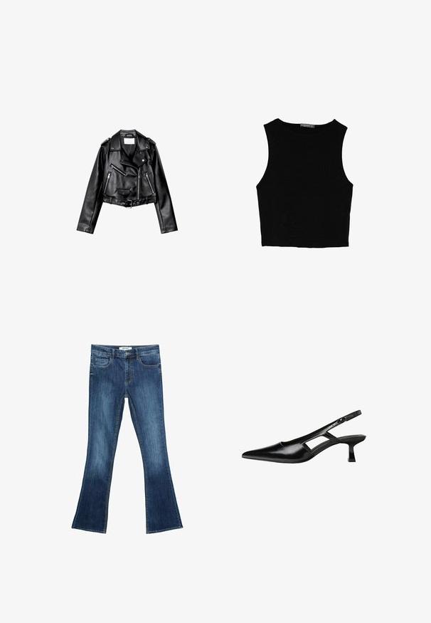 Črna usnjena motoristična jakna s krojem do pasu, z asimetričnim sprednjim zadrgo, sponkami in štirimi zadrgami. Ima nastavljiv pas na v pasu.; Črn brez rokavov crop top, izdelan iz gladkega materiala, z okroglim izrezom in čistim, preprostim dizajnom brez vzorcev ali dodatkov.; Razširjene jeans hlače v srednji modri pranju. Imajo sprednje žepe, zanke za pas in standardni pas. Očitno kontrastno šivanje po celotni dolžini.; Črne patentični usnjeni salonarji s slingback designom, z zašiljenim nosom, izrezanim stranskim dizajnom in majhnim kvadratnim peto. Gladka tekstura z minimalnimi detajli.