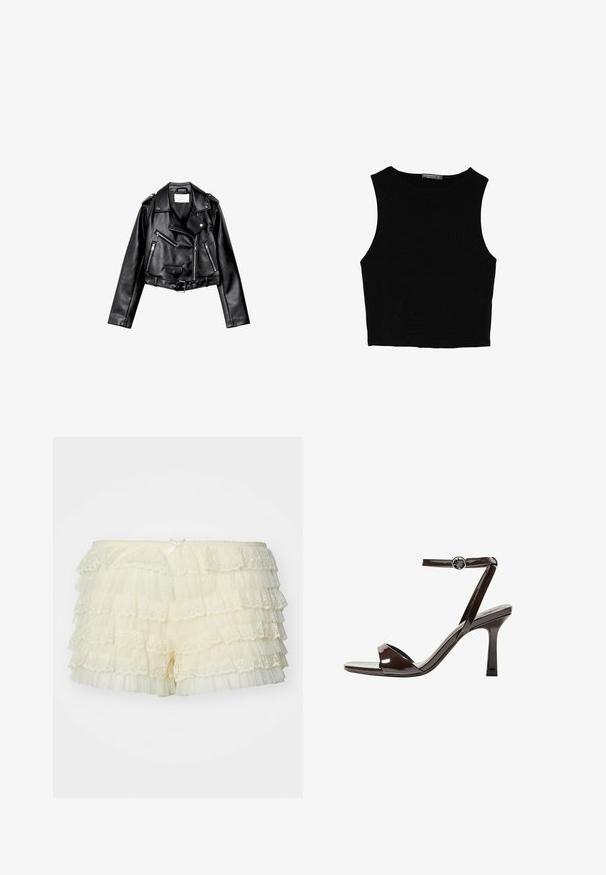 Giacca da moto nera in pelle cropped con zip frontale asimmetrica, bottoni a pressione e quattro zip. Presenta una cintura regolabile in vita.; Top corto senza maniche nero realizzato in tessuto liscio, con scollatura rotonda e un design pulito e semplice, privo di pattern o accessori.; Jaded London VANILLA RHEA BLOOMER - Shorts - cream; Sandalini con tacco alto in pelle verniciata marrone, con cinturino alla caviglia, punta aperta e un design elegante e minimalista. Presentano un tacco quadrato.