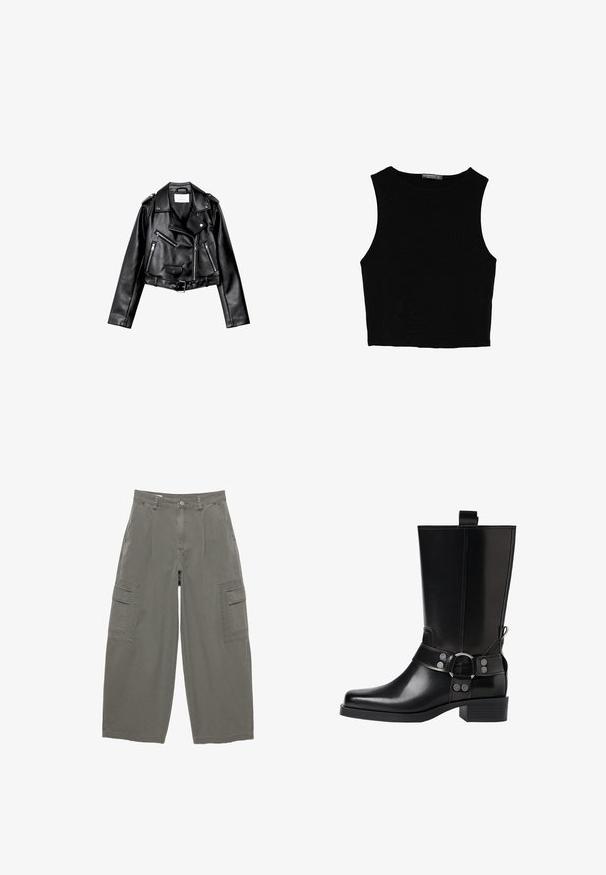 Černá zkrácená kožená motorkářská bunda s asymetrickým předním zipem, patentkami a čtyřmi zipy. Obsahuje nastavitelné pásmo v pase.; Černý bezsleeve crop top vyrobený z hladké tkaniny, s kulatým výstřihem a čistým, jednoduchým designem bez vzorů nebo kovových doplňků.; Olivově zelené cargo kalhoty z látky, s širokými nohavicemi, předními kapsami a dvěma postranními cargo kapsami s klopami. Texturovaný bavlněný materiál.; Černá kožená vysoká bunda s špičatou špičkou, stříbrnými sponami a robustní podešví. Obsahuje poutko pro snadné obutí.