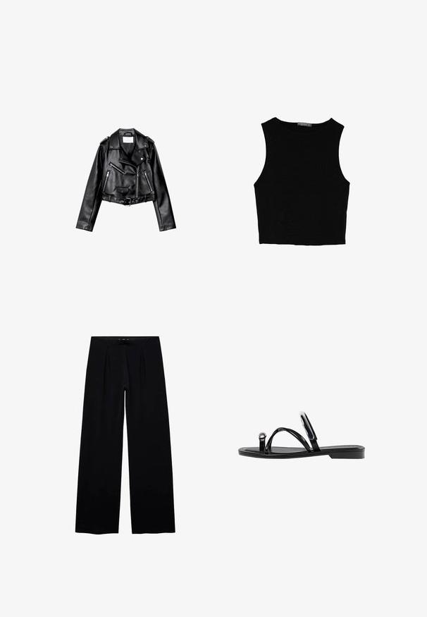Mustat lyhythihaiset nahkatakit, joissa on epäsymmetrinen etuvetoketju, napit ja neljä vetoketjua. Varustettu säädettävällä vyöllä vyötäröllä.; Musta hihaton crop-top, joka on valmistettu sileästä kankaasta, jossa on pyöreä kaula-aukko ja siisti, yksinkertainen muotoilu ilman kuvioita tai varusteita.; Mustat leveälahkeiset housut, joissa on sileä pinta, kaksi etupleffaa ja joustava vyötärö mukavuutta varten. Ei näkyviä metalliosia tai kuvioita.; Mustat litteät sandaalit, joissa on kiiltävä pinta, kolme ohutta hihnaa ja pyöreä metalliosuus varpaissa. Tyylikäs muotoilu, jossa on minimaalinen kantapää.