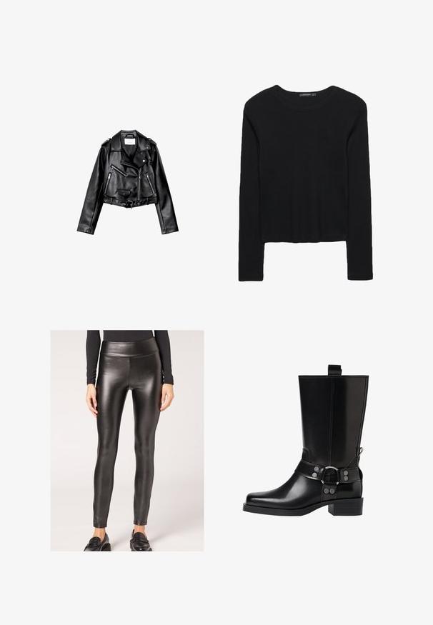 Czarna, krótka skórzana kurtka motocyklowa z asymetrycznym zamkiem błyskawicznym z przodu, zatrzaskami i czterema zamkami. Posiada regulowany pasek w talii.; Czarna bluzka z długim rękawem, wykonana z teksturowanej tkaniny. Posiada okrągły dekolt oraz krótki fason z dopasowanymi rękawami. Bez widocznych wzorów.; Czarne leginsy z faux skóry o wysokim stanie, o gładkiej teksturze i dopasowanym kroju, charakteryzujące się smukłą sylwetką i minimalnym zdobieniem.; Czarne skórzane buty za kolano z wydłużonym noskiem, srebrnymi akcentami w postaci klamr oraz masywnym obcasem. Posiadają pętelkę umożliwiającą łatwe zakładanie.