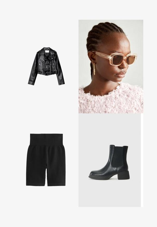 Schwarze, kurze Leder-Bikerjacke mit asymmetrischem Frontreißverschluss, Druckknöpfen und vier Reißverschlüssen. Mit einem verstellbaren Gürtel in der Taille.; Zwei Langarmoberteile, eines schwarz und eines weiß, beide mit einem quadratischen Ausschnitt und aus weichem, dehnbarem Stoff.; Schwarze gerippte Shorts mit einem breiten elastischen Bund, glatter Textur und einem figurbetonten Design. Das Material ist dehnbar für mehr Bewegungsfreiheit.; Schwarze Leder-Stiefelette mit elastischen seitlichen Einsätzen, runder Zehenpartie und niedrigem Blockabsatz. Die Oberfläche hat eine glatte Textur und minimalistische Details.; Beige übergroße Sonnenbrille mit klarem Rahmen und braun getönten Gläsern, die subtile florale Akzente und ein mutiges, geometrisches Design aufweist.