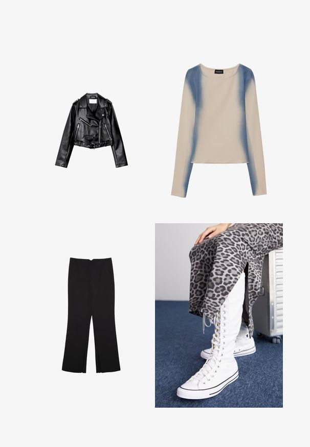 Crna skratena kožna moto jakna s asimetričnim prednjim zatvaračem, s gumbima na dugmad i četiri patentna zatvarača. Sadrži podesivi pojas u struku.; Dugi rukav u svijetloj bež boji, s gradient dizajnom u plavim nijansama. Glatka tekstura s okruglim izrezom i ravnim rubom.; Crne hlače ravnog kroja, s prednjim džepovima i bočnim prorezima na rubu. Izrađene od mekog i glatkog materijala. Pogodne za razne prigode.; Bijele čizme sa vezanjem i visokim okovratnikom, napravljene od platna, imaju crne akcenti. Uparene su s suknjom s printom leoparda u sivoj boji koja ima bočne proreze.