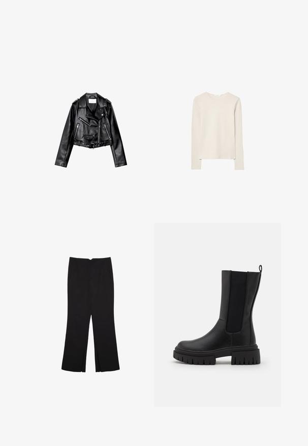 Black cropped leather biker jacket with asymmetric front zip, snap buttons, and four zippers. Features an adjustable belt at the waist.; Light beige long-sleeve top made of soft fabric, featuring a round neck and a relaxed fit with straight hem and minimal stitching detail.; Black trousers with a straight fit, featuring front pockets and side slits at the hem. Made of soft, smooth fabric. Suitable for various occasions.; Black ankle boot made of leather with a textured finish, elastic side panels, and a thick, ridged sole for added grip.