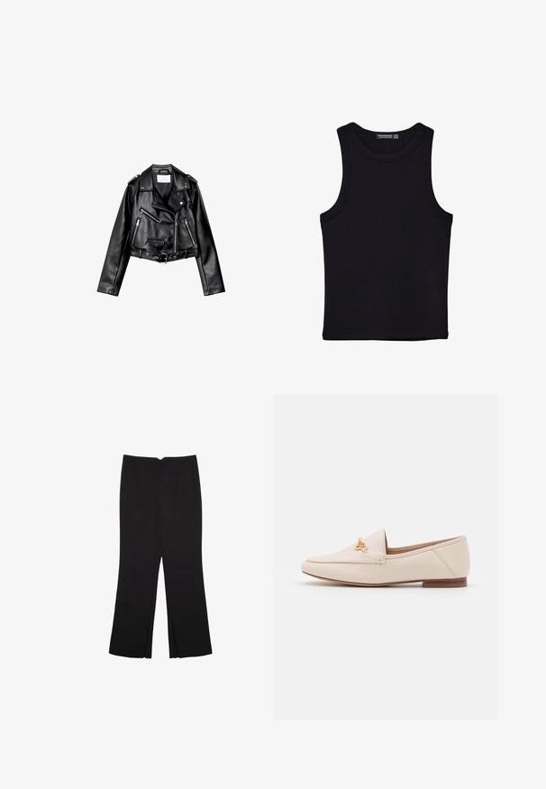 Black cropped leather biker jacket with asymmetric front zip, snap buttons, and four zippers. Features an adjustable belt at the waist.; Black tank top made of cotton, featuring a round neckline and wide armholes. Smooth texture with stitched hems. Classic, minimalist design.; Black trousers with a straight fit, featuring front pockets and side slits at the hem. Made of soft, smooth fabric. Suitable for various occasions.; Beige leather loafers with a sleek design, pointed toe, and gold hardware accent. Low brown heel for stability and comfort.