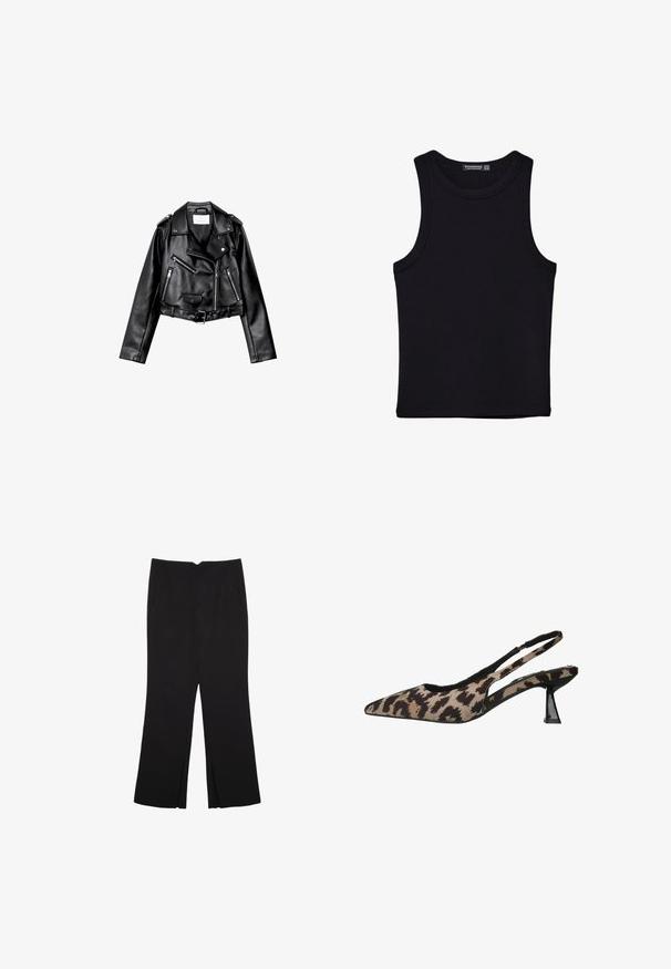 Black cropped leather biker jacket with asymmetric front zip, snap buttons, and four zippers. Features an adjustable belt at the waist.; Black tank top made of cotton, featuring a round neckline and wide armholes. Smooth texture with stitched hems. Classic, minimalist design.; Black trousers with a straight fit, featuring front pockets and side slits at the hem. Made of soft, smooth fabric. Suitable for various occasions.; Pointed toe slingback shoe in a beige and brown animal print fabric, featuring a clear heel and black trim along the edges.