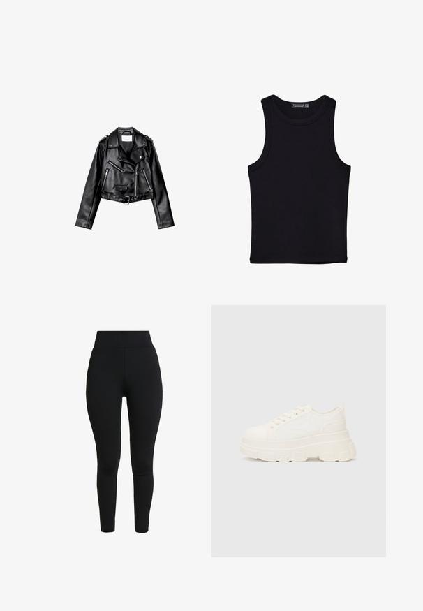 Czarna, krótka skórzana kurtka motocyklowa z asymetrycznym zamkiem błyskawicznym z przodu, zatrzaskami i czterema zamkami. Posiada regulowany pasek w talii.; Czarny top na ramionczkach wykonany z bawełny, z okrągłym dekoltem i szerokimi wycięciami na ramionach. Gładka tekstura z przeszytymi brzegami. Klasyczny, minimalistyczny design.; Czarne legginsy wykonane z elastycznego materiału, charakteryzujące się wysokim stanem, dopasowanym krojem oraz gładką teksturą bez widocznych szwów czy detali.; Białe płócienne trampki z grubą podeszwą, okrągłym noskiem i pięcioma oczkami na sznurowadła. Tylny uchwyt ułatwiający zakładanie. Gładka faktura, minimalistyczny design.