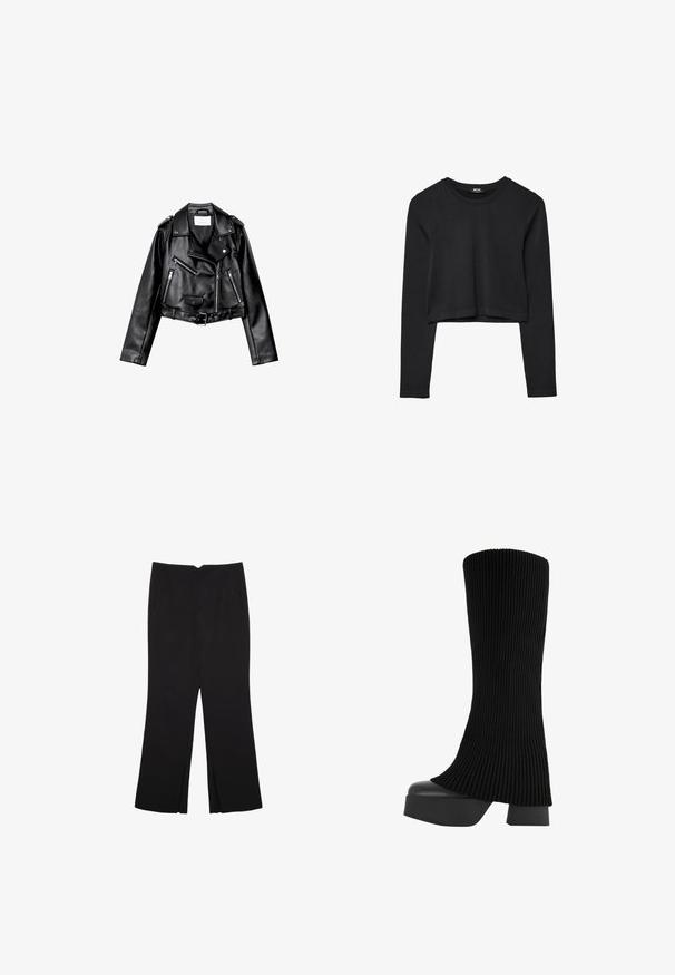 Svart kort läder motorcykeljacka med asymmetrisk frontdragkedja, tryckknappar och fyra dragkedjor. Har ett justerbart bälte i midjan.; Svart långärmad croppad topp med rund halsringning, enkel design och en något rundad nederkant.; Svarta byxor med rak passform, utrustade med framfickor och sidoklyvningar vid fållen. Tillverkade av mjukt, slätt tyg. Lämpliga för olika tillfällen.; Svart knähög stövel med ett ribbat tygövre, kraftig plattformssula och blockklack, med en slät yta och en elegant, modern design.