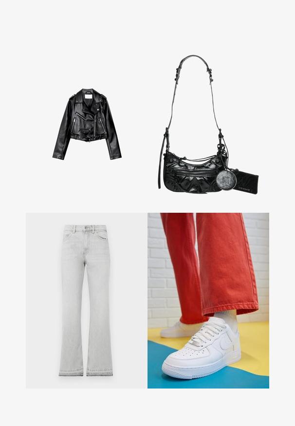 Černá zkrácená kožená motorkářská bunda s asymetrickým předním zipem, patentkami a čtyřmi zipy. Obsahuje nastavitelné pásmo v pase.; Top s dlouhým rukávem s leopardím potiskem a vysokým výstřihem, vyrobený z elastického materiálu. Má písečný základ s hnědými skvrnami. Hladká textura, přiléhavý střih.; Světlé šedé rozšířené džíny s vysokým pasem, s kapsami, knoflíkovým zapínáním a nerovným lemem. Vyrobené z denimové látky s hladkým povrchem.; Bílé kožené tenisky s perforovanou špičkou, texturovanou podešví a bílými tkaničkami, v kombinaci s širokými červenými kalhotami a modro-žlutým pozadím.; Černá kabelka z umělé kůže s křivkovým designem, přední kapsou na zip a dekorativními prvky, včetně odnímatelného kulatého pouzdra na mince.