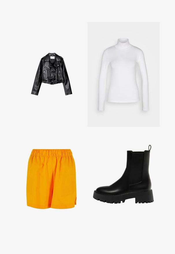 Veste de biker en cuir noir, courte, avec fermeture éclair frontale asymétrique, boutons à pression et quatre zips. Caractéristiques d'une ceinture ajustable à la taille.; Chemise à col roulé blanc à manches longues en tissu lisse et extensible. Offre une coupe ajustée et un col haut. Pas de motifs ni d'accents visibles.; Shorts en coton orange avec une taille élastique, dotés d'une coupe ample et d'un design simple et sans embellissement.; Bottine en cuir noir avec un panneau latéral texturé, bout rond et semelle épaisse à motif de bande de roulement en zigzag.