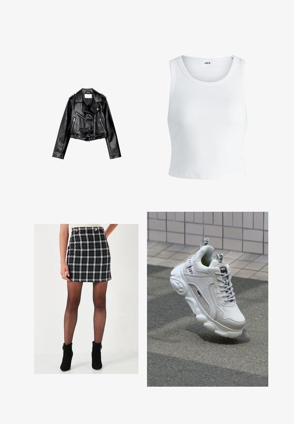Schwarze, kurze Leder-Bikerjacke mit asymmetrischem Frontreißverschluss, Druckknöpfen und vier Reißverschlüssen. Mit einem verstellbaren Gürtel in der Taille.; Weißes, geripptes Tanktop mit rundem Halsausschnitt, ärmellosem Design und kurzer Länge. Das Etikett trägt die Aufschrift "JJXX". Glatte Stoffstruktur.; Schwarzer und weißer kariert Minirock aus strukturiertem Stoff, mit vorderen Knöpfen und enger Silhouette, kombiniert mit schwarzen Stiefeletten.; Weißer Sneaker aus Mesh- und Ledermaterialien, mit rundem Zehenbereich, dicker Sohle, auffälligen Schnürsenkeln sowie Branding an der Ferse und der Zunge.