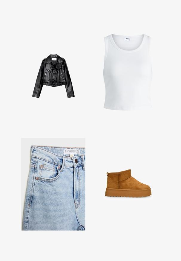 Giacca da moto nera in pelle cropped con zip frontale asimmetrica, bottoni a pressione e quattro zip. Presenta una cintura regolabile in vita.; Canottiera bianca a coste con scollatura rotonda, senza maniche e lunghezza cropped. Etichetta con la scritta "JJXX". Tessuto di texture liscia.; Jeans in denim azzurro chiaro con vita alta, cinque tasche, accessori in tonalità rame e leggera scoloritura, con etichetta sulla vita.; Stivaletti in suede color nocciola con design senza lacci, punta rotonda e suola spessa in gomma con battistrada testurizzato per una migliore aderenza.