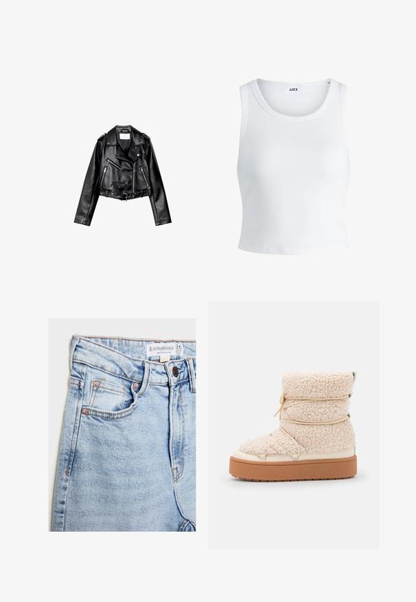 Veste de biker en cuir noir, courte, avec fermeture éclair frontale asymétrique, boutons à pression et quatre zips. Caractéristiques d'une ceinture ajustable à la taille.; Débardeur blanc côtelé avec un col rond, sans manches et d'une longueur cropped. L'étiquette indique "JJXX". Texture du tissu lisse.; Jean en denim bleu clair à taille haute, avec cinq poches, des accessoires en cuivre, et une légère décoloration, arborant une étiquette au niveau de la ceinture.; Botte de cheville en shearling crémeux chunky avec une finition texturée, des détails élastiques et une épaisse semelle en plateforme marron. Accents en métal argenté présents.