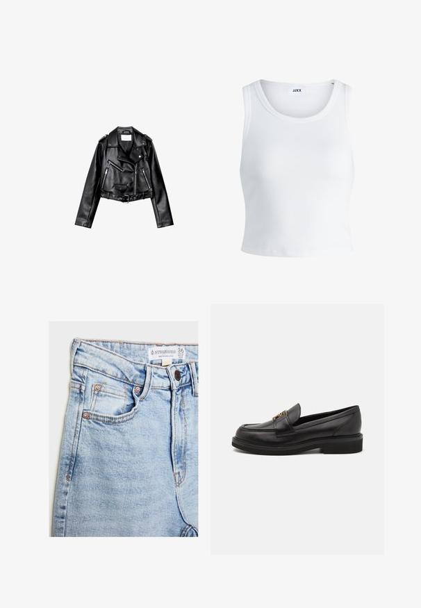 Zwarte cropped leren motorjack met asymmetrische rits aan de voorkant, drukkers en vier ritsen. Heeft een verstelbare riem op de taille.; Witte geribbelde tanktop met een ronde hals, zonder mouwen en een cropped lengte. Label draagt "JJXX." Gladde stoftextuur.; Lichtblauwe denim jeans met hoge taille, vijf zakken, koperen hardware en subtiele vervaging, met een label op de tailleband.; Zwarte leren loafers met een ronde neus, gestikte details, gouden hardware en een lage, textuur rubberen zool. Glad, strak afwerking.